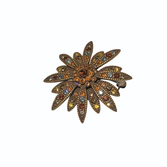 JOAN RIVERS SMALL AUTUMN COLORED CRYSTAL SUNBURST FLOWER BROOCH - Picture 7 of 14